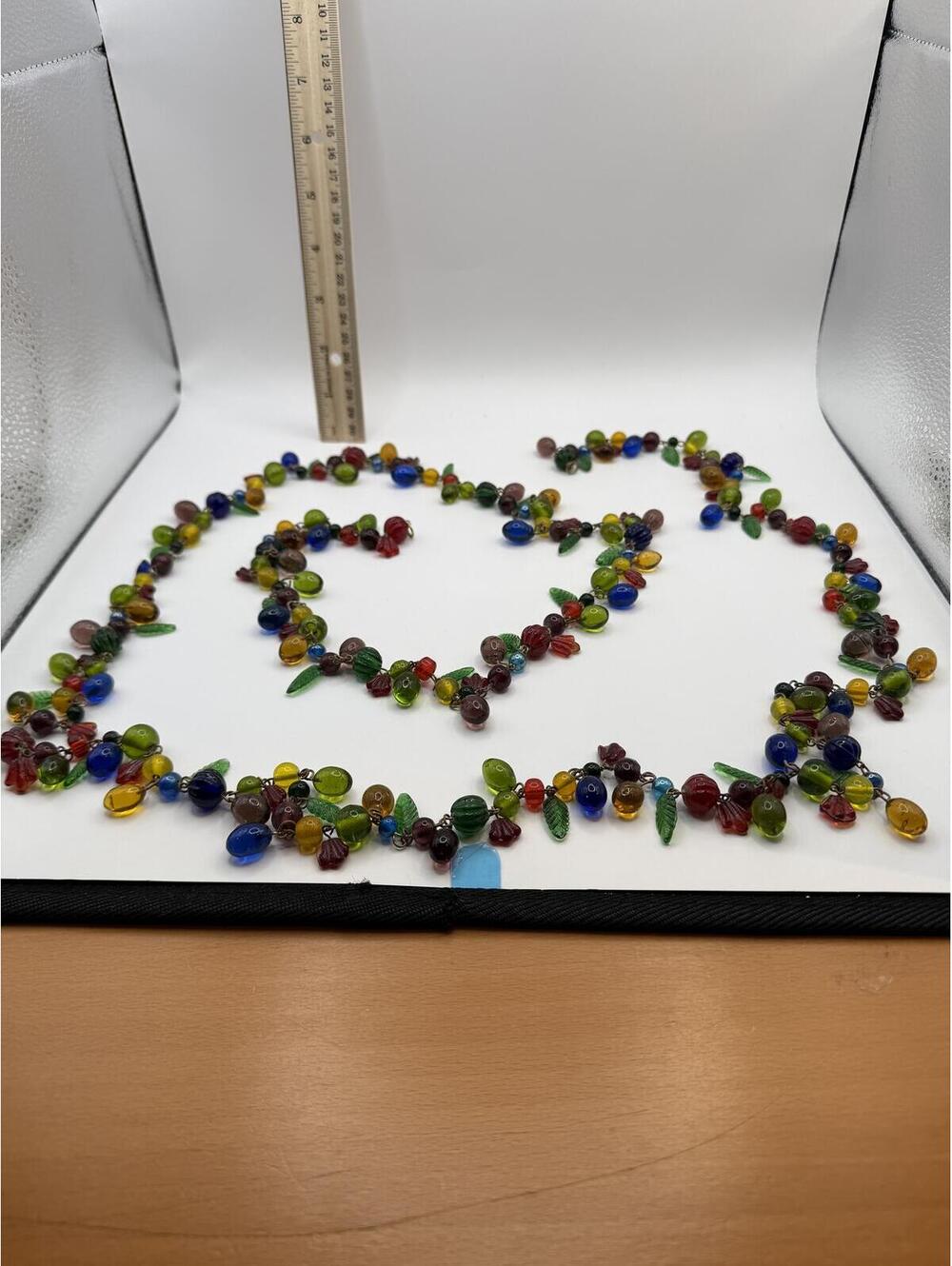 Vintage Multicolor Art Glass Bead Necklace Leaf Dangle Festival Boho